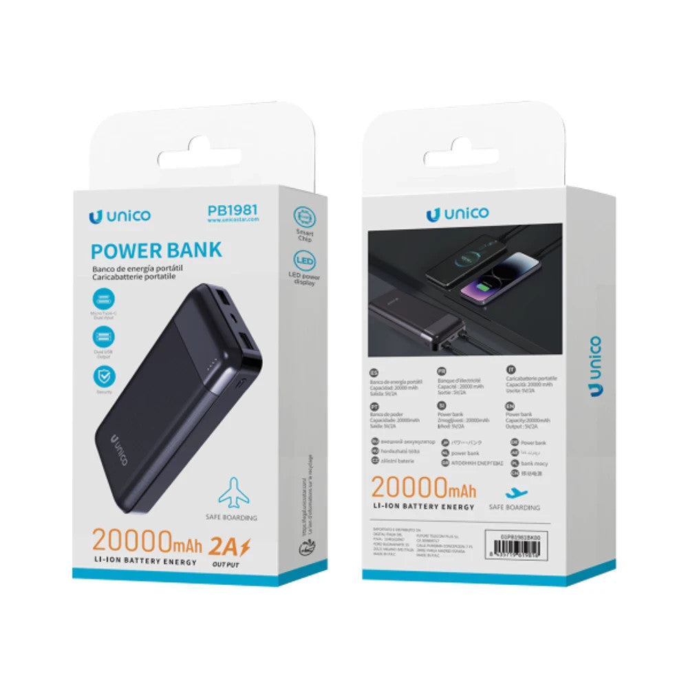 Powerbank 20000mAh Schwarz | 2x USB + Typ-C | LED Anzeige | 2.4A Output