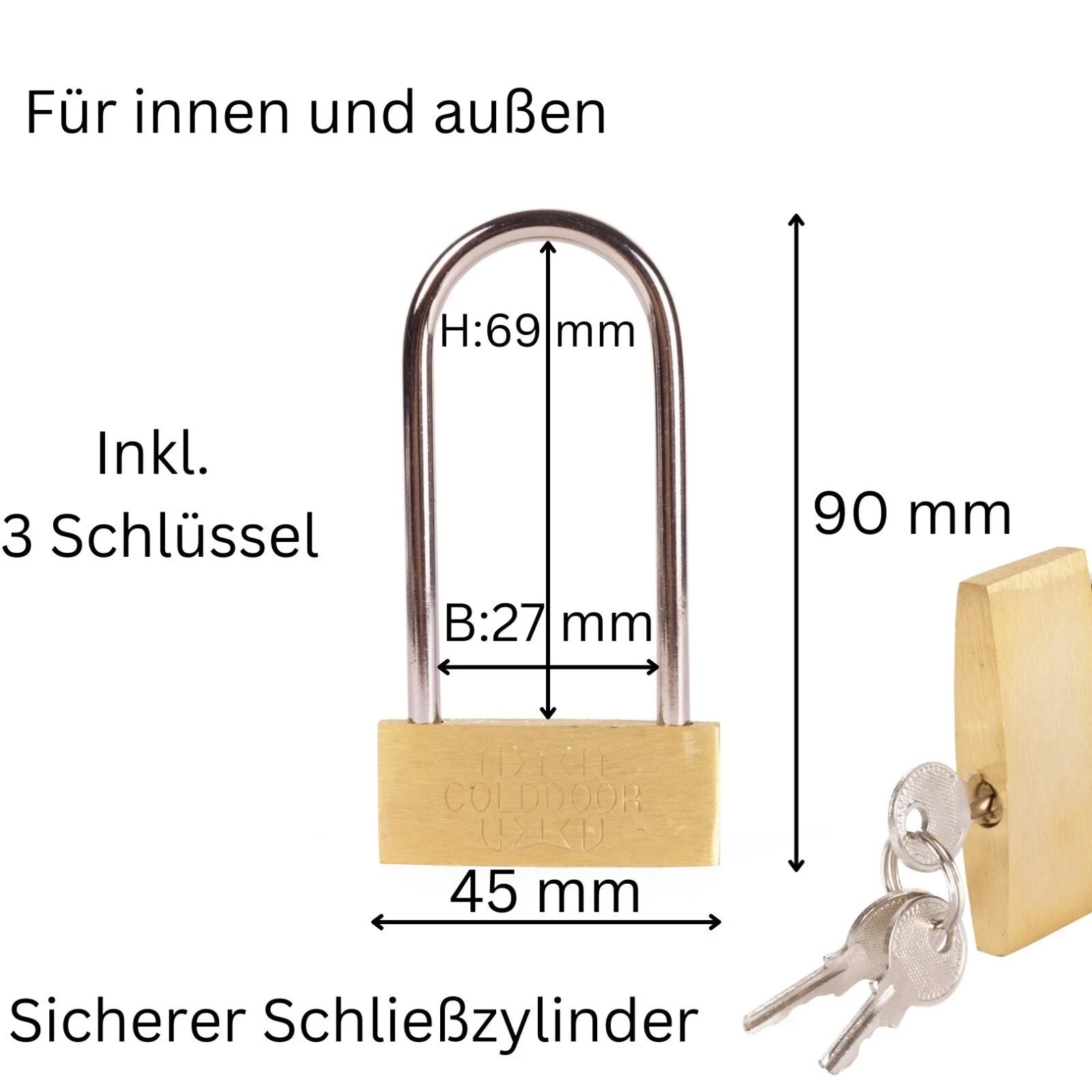 Vorhängeschloss mit großem Bügel 90 mm – Messing Schloss mit 3 Schlüsseln
