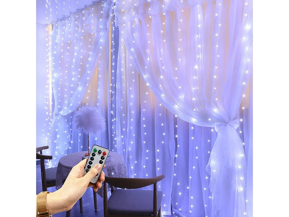 LED Lichtervorhang 300 LEDs 3x3m kaltweiß USB Netzadapter & Fernbedienung