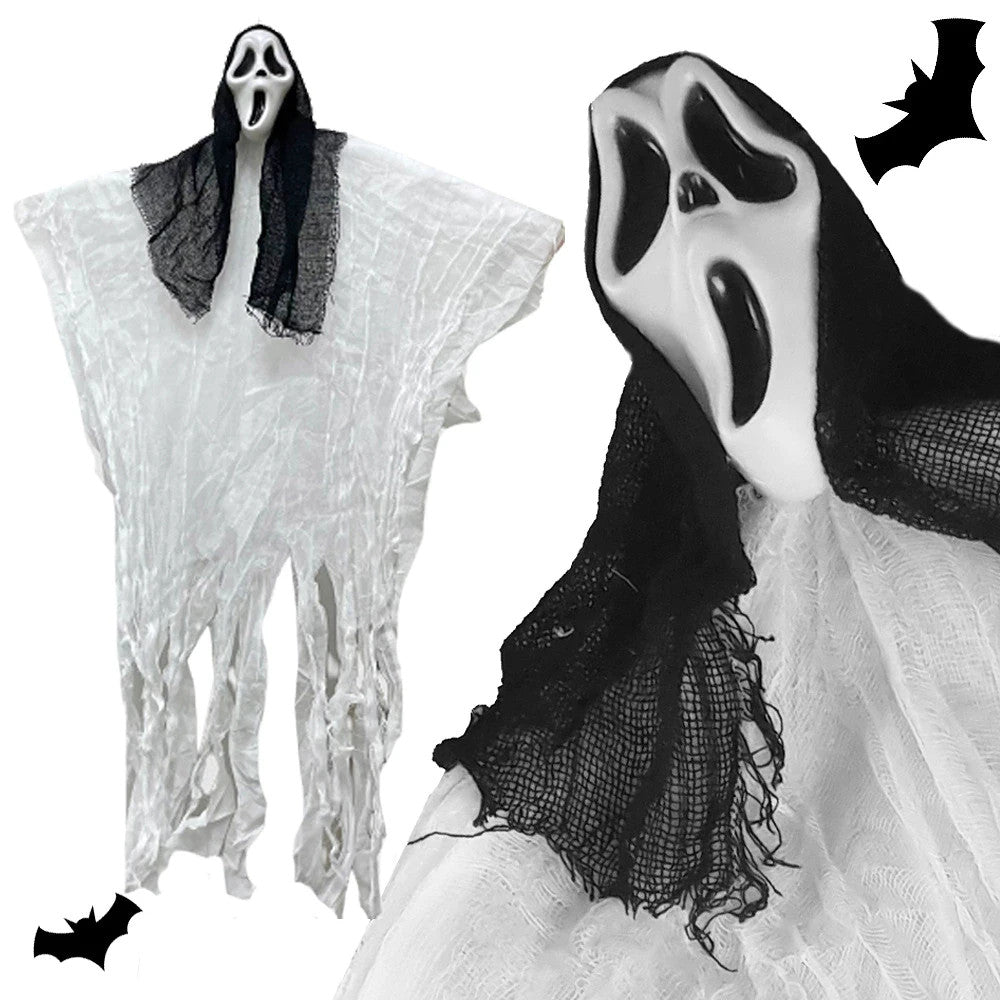 Halloween Hängedekoration 90 cm–Gruseliges Gespenst mit Maske &flatterndem Stoff