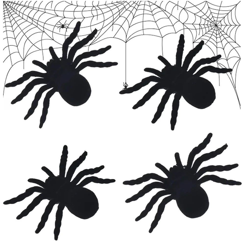 Halloween Spinnen Deko Set 4 Stück – Realistische Schwarze Gruselspinnen 11 cm