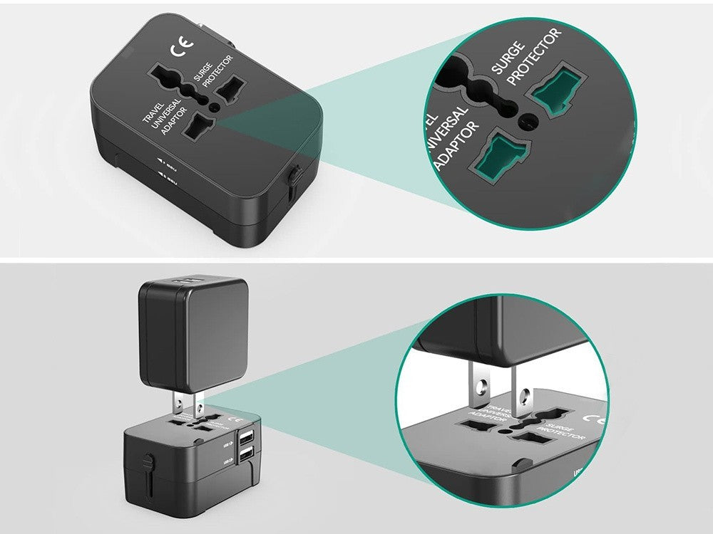 Universal Reiseadapter UK USA EU AUS 🌍 Mit 2x USB Port Schwarz