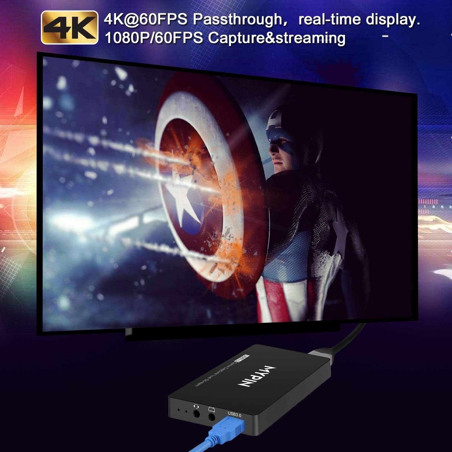 HD Game Capture Karte 4K 60fps HDR – USB 3.0 Videoaufnahme & Live Streaming Gerät | Kompatibel mit PS3, PS4, Xbox One, 360, Wii U & PC