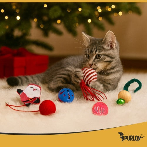 PURLOV Katzenspielzeug Weihnachtsset 6-teilig – Bälle, Federn & Pompons im Weihnachtssocken, Sicheres & Abwechslungsreiches Spielzeug für Katzen