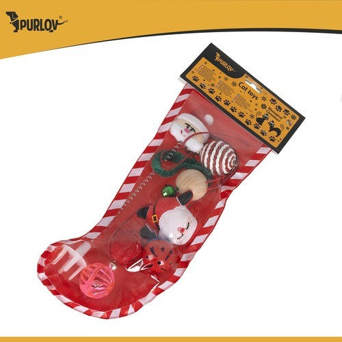 PURLOV Katzenspielzeug Weihnachtsset 6-teilig – Bälle, Federn & Pompons im Weihnachtssocken, Sicheres & Abwechslungsreiches Spielzeug für Katzen