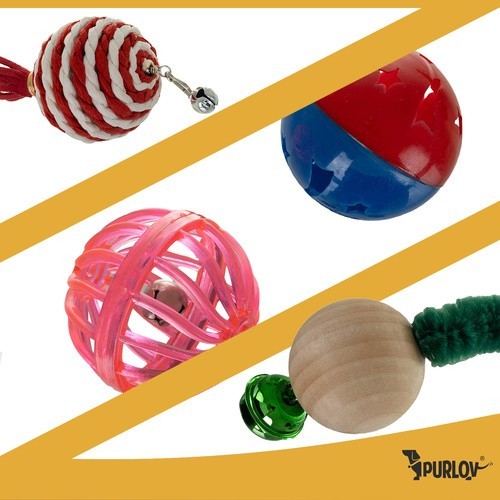 PURLOV Katzenspielzeug Set 6-tlg Weihnachten Bälle Federn Glöckchen