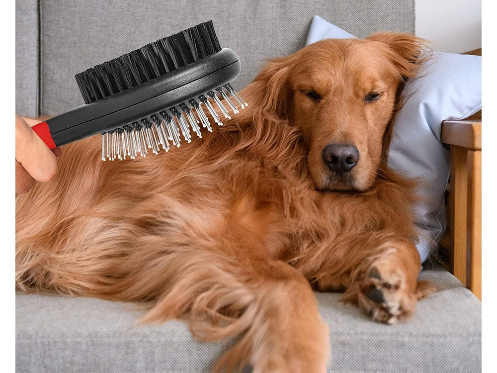 2-in-1 Haustierbürste für Hunde & Katzen – Doppelseitige Fellbürste mit Draht- & Nylonborsten – Für Langhaar & Kurzhaar   Blau Oder Rot Farbe