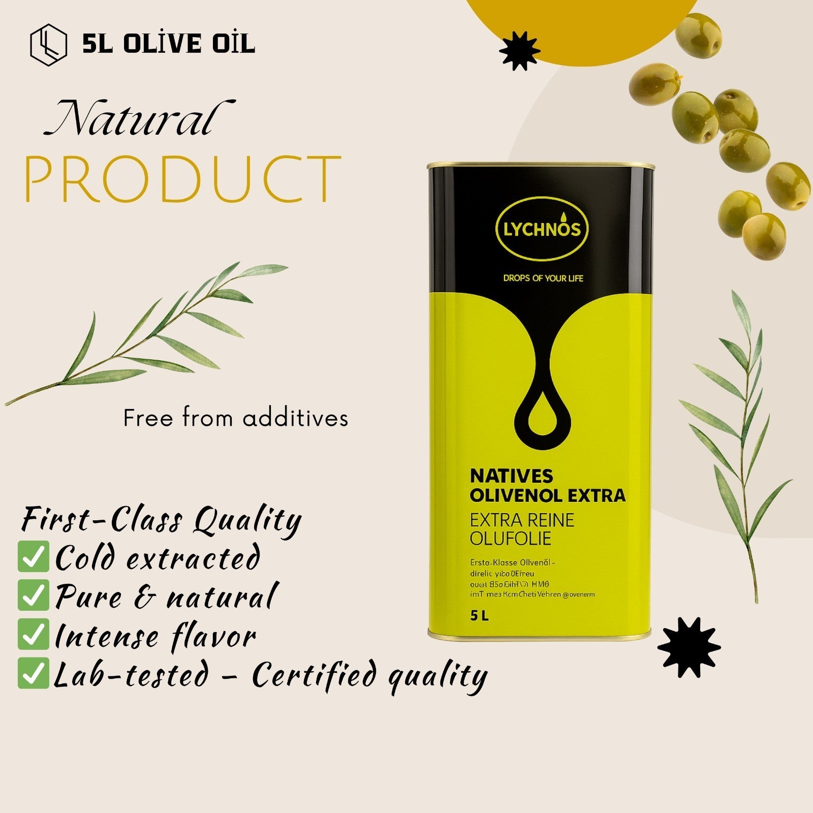 Lychnos Olivenöl Extra Nativ 5L – Kaltgepresst, Kreta, Premium Qualität 🌿🌿🌿