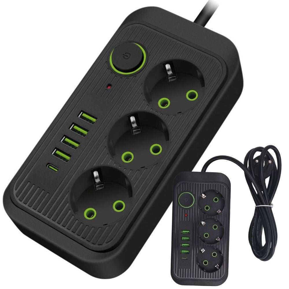 Steckdosenleiste 3x 250V 2m Kabel 4x USB + 1x USB-C mit Schalter ⚡