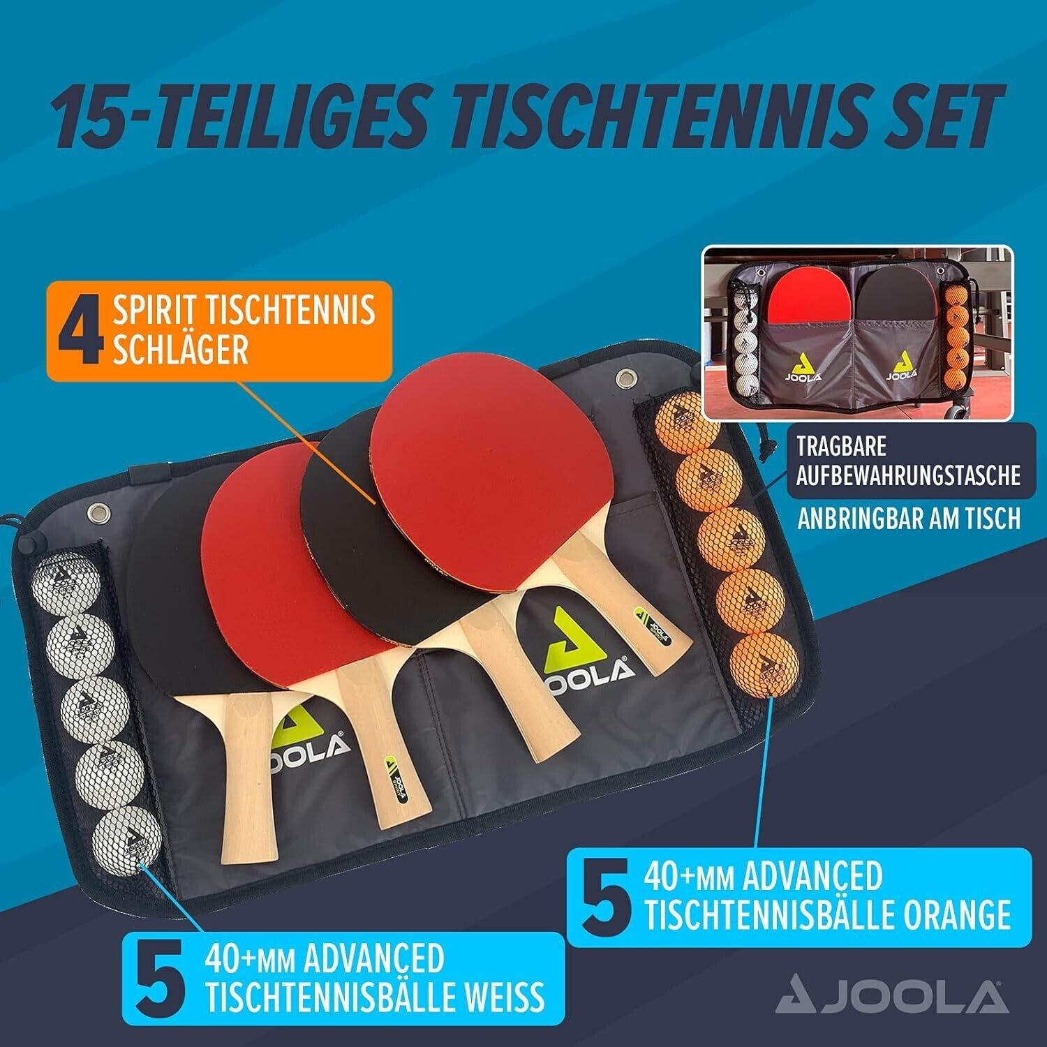 JOOLA Tischtennis Family Set – 4 Schläger, 10 Bälle und Tasche für Familie, Schule und Freizeit