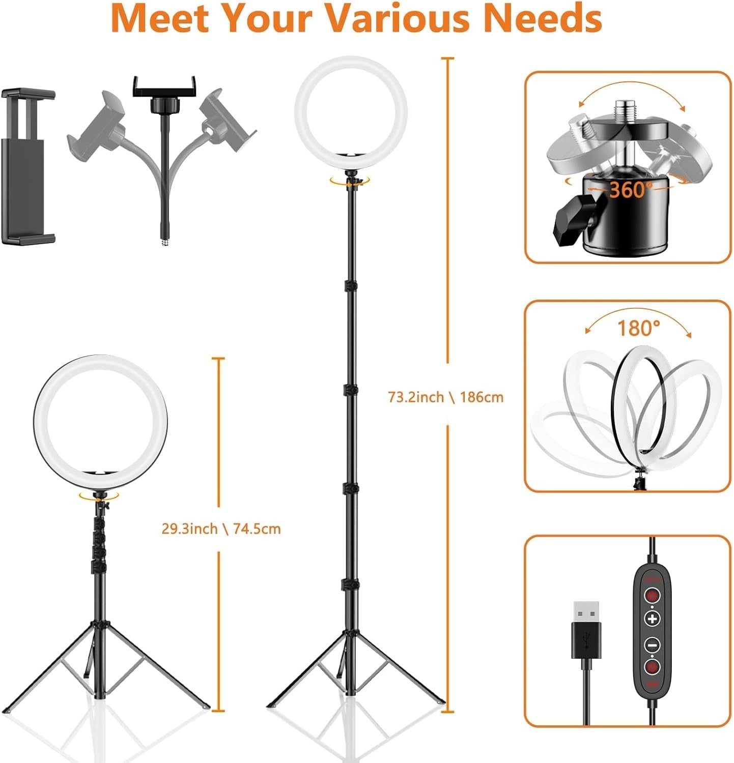 12" RGB Ringlicht 186cm mit Stativ | 48 Modi dimmbar Bluetooth Handyhalter