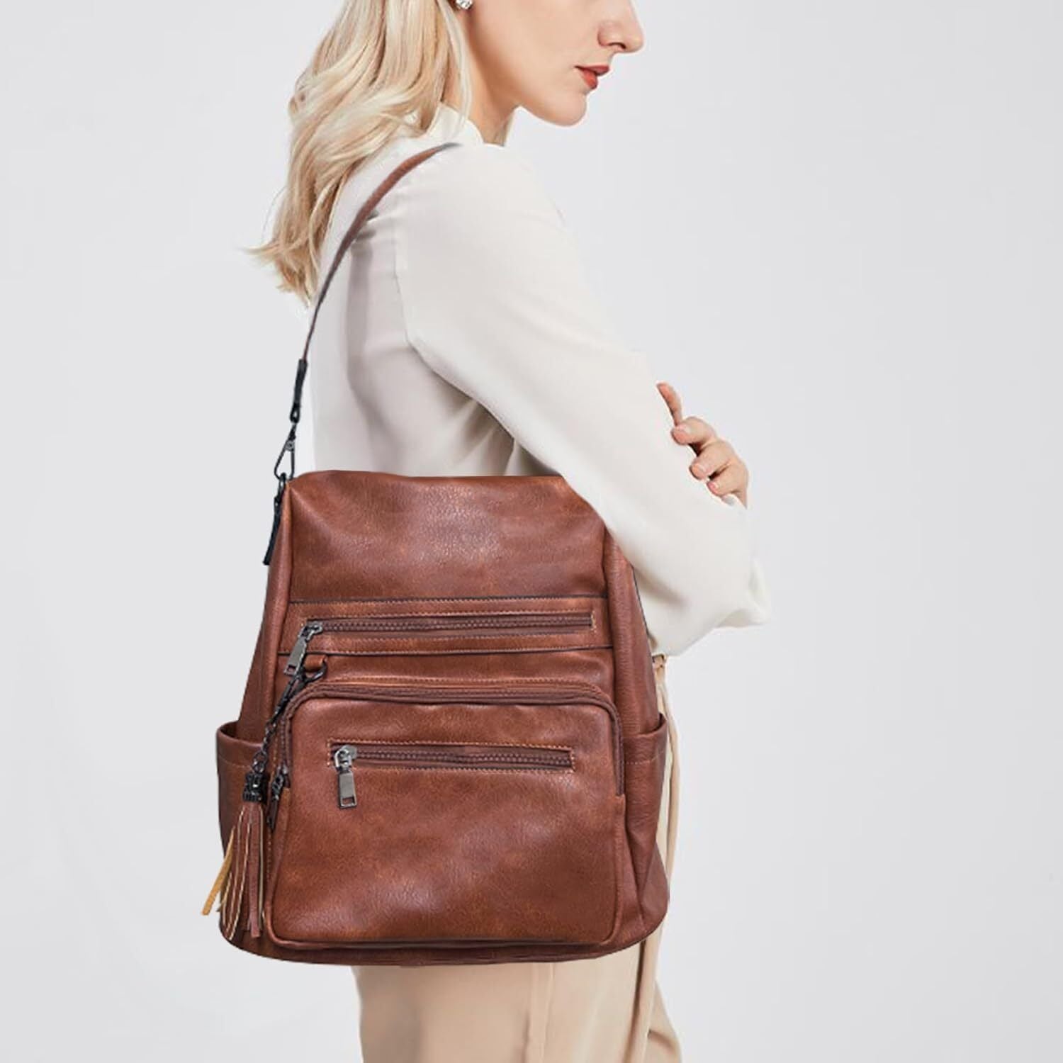 Damen-Rucksack veganem Leder Groß Stylisch Frauen Designer Schultertasche