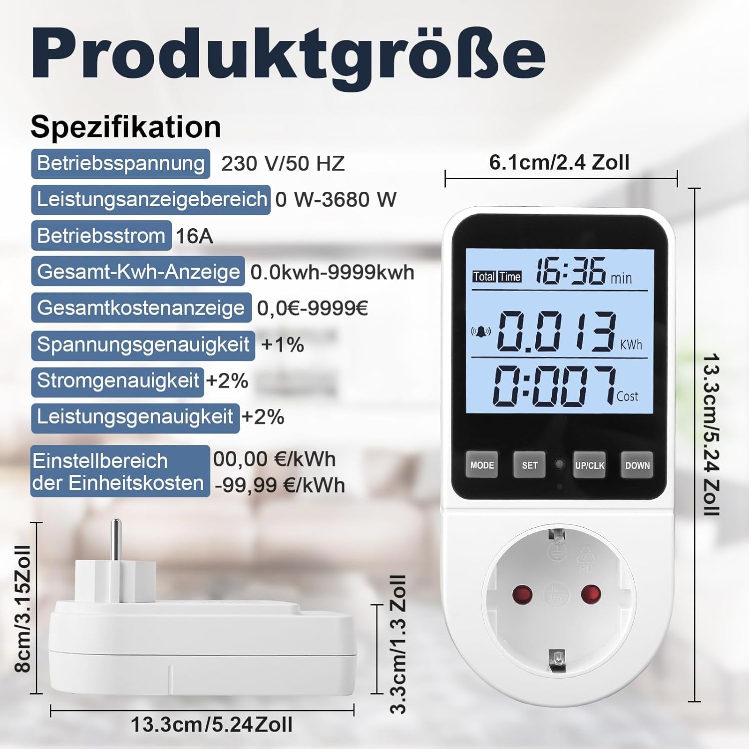Stromzähler Steckdose Energiekostenmessgerät LCD KWH Watt 8 Modi