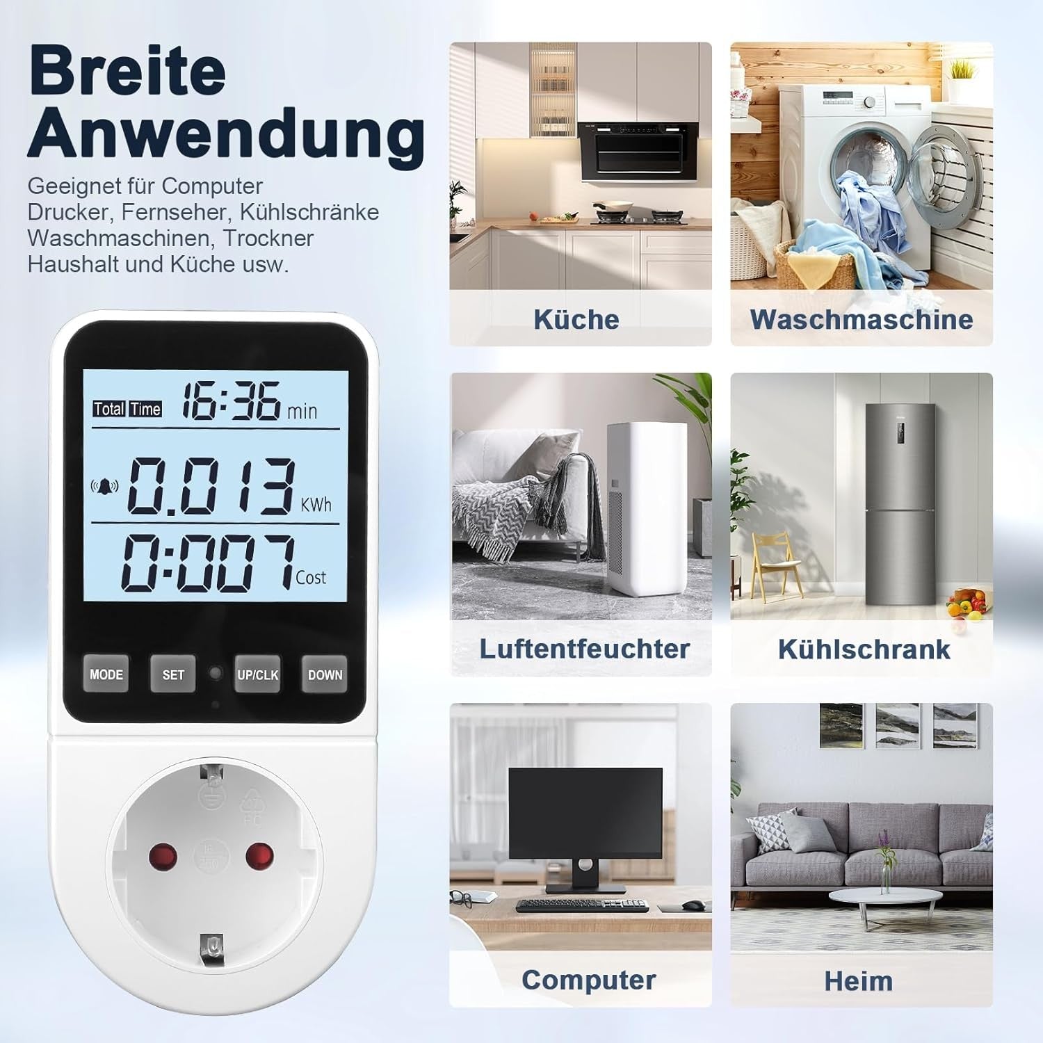 Stromzähler Steckdose Energiekostenmessgerät LCD KWH Watt 8 Modi