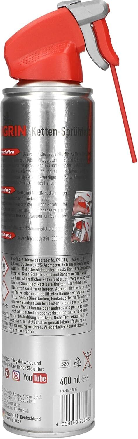 NIGRIN Ketten-Sprühfett, 400 ml, vollsynthetisch, schützt vor Verschleiß