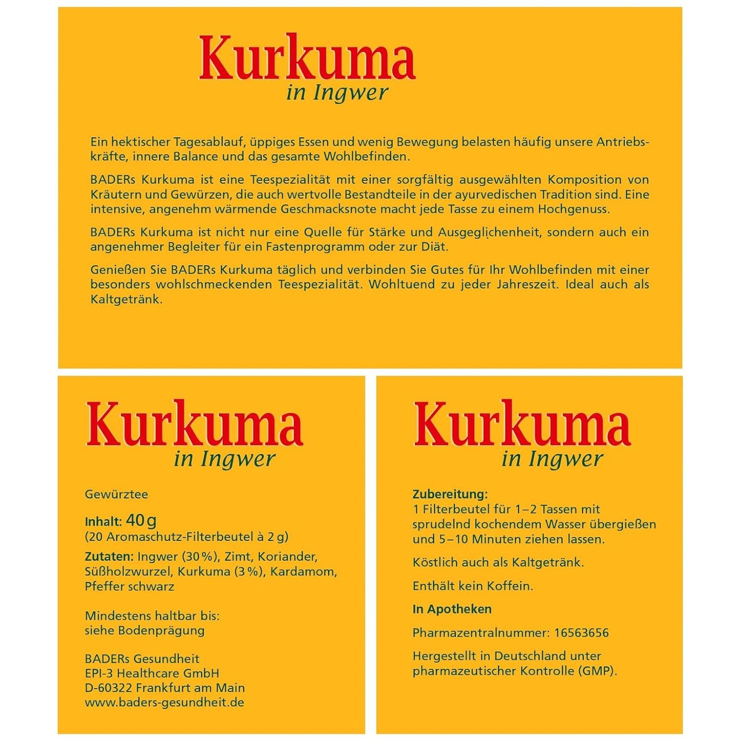BADERs Kurkuma Ingwer Tee 20 Filterbeutel Ayurvedischer Gewürztee Apotheke