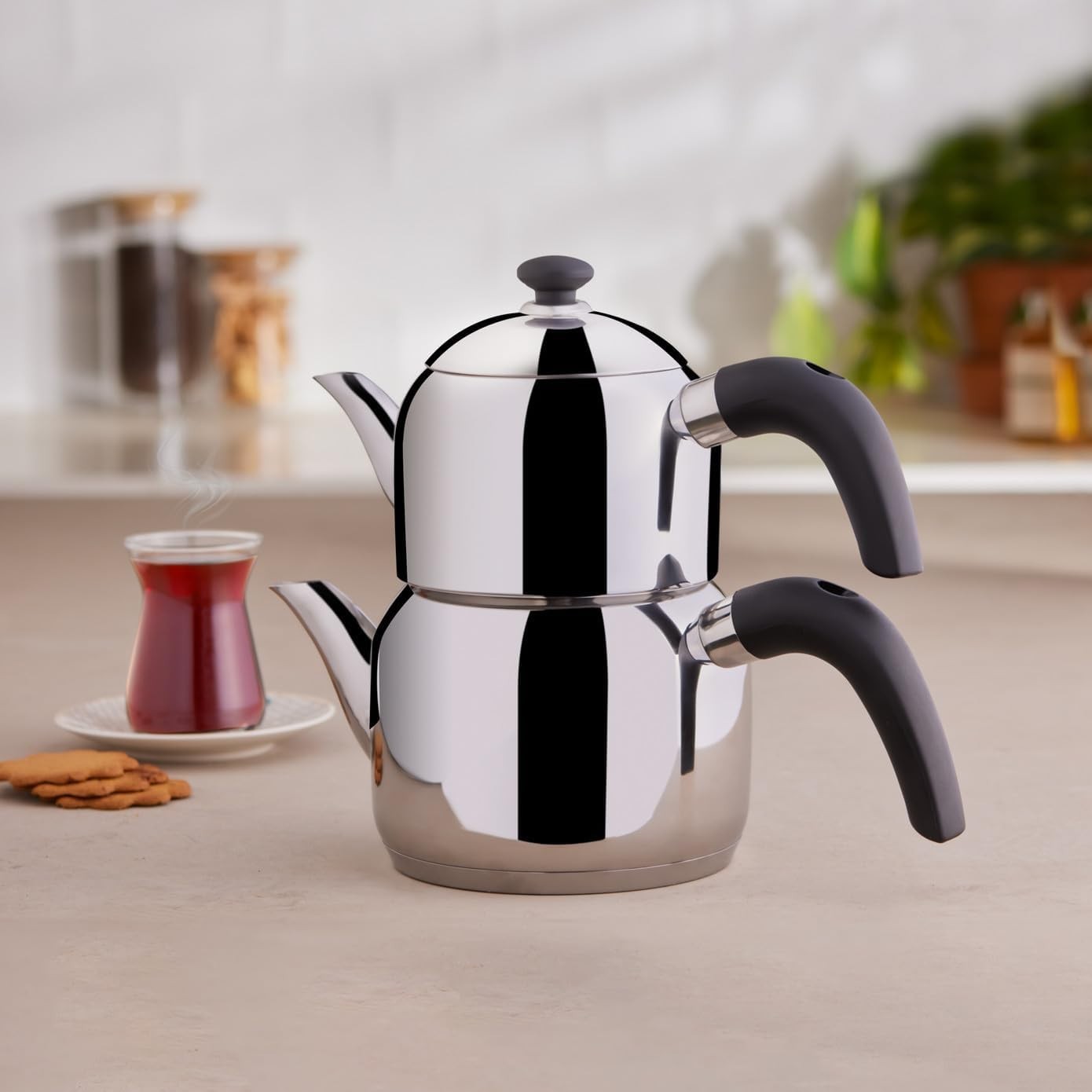Karaca Edge Mini Induktion Teekanne Set Caydanlik 2,5L Edelstahl Schwarz