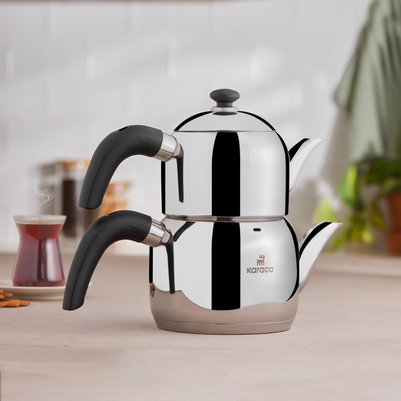Karaca Edge Mini Induktion Teekanne Set Caydanlik 2,5L Edelstahl Schwarz