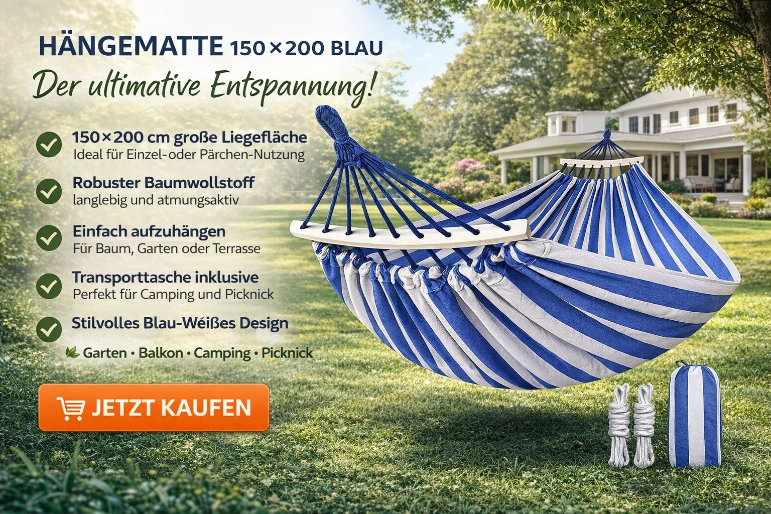 XXL Hängematte 150x200 cm Blau Garten Camping Outdoor Reise Relax Matte