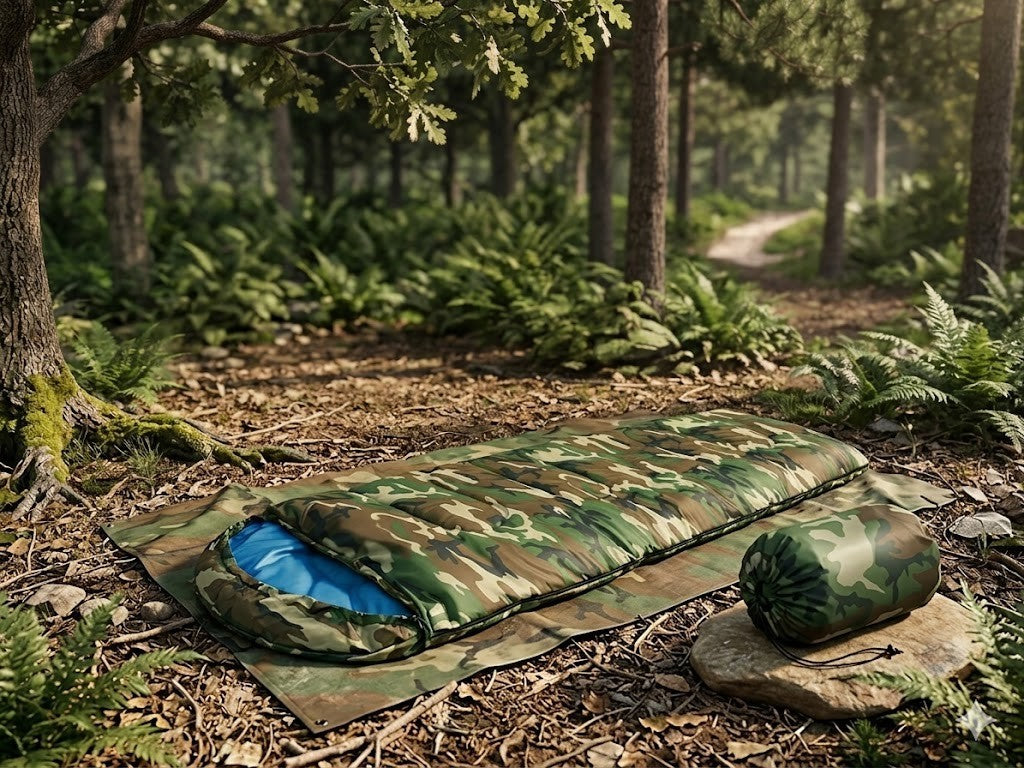 Mumienschlafsack Camping mit Kapuze leicht warm Outdoor Tarnfarbe - Schlafsack
