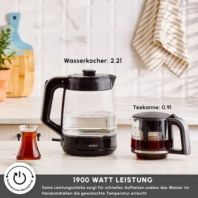 Karaca Glas Teemaschine XL 2in1 Teekocher 2.2L 1900W schwarz Samowar