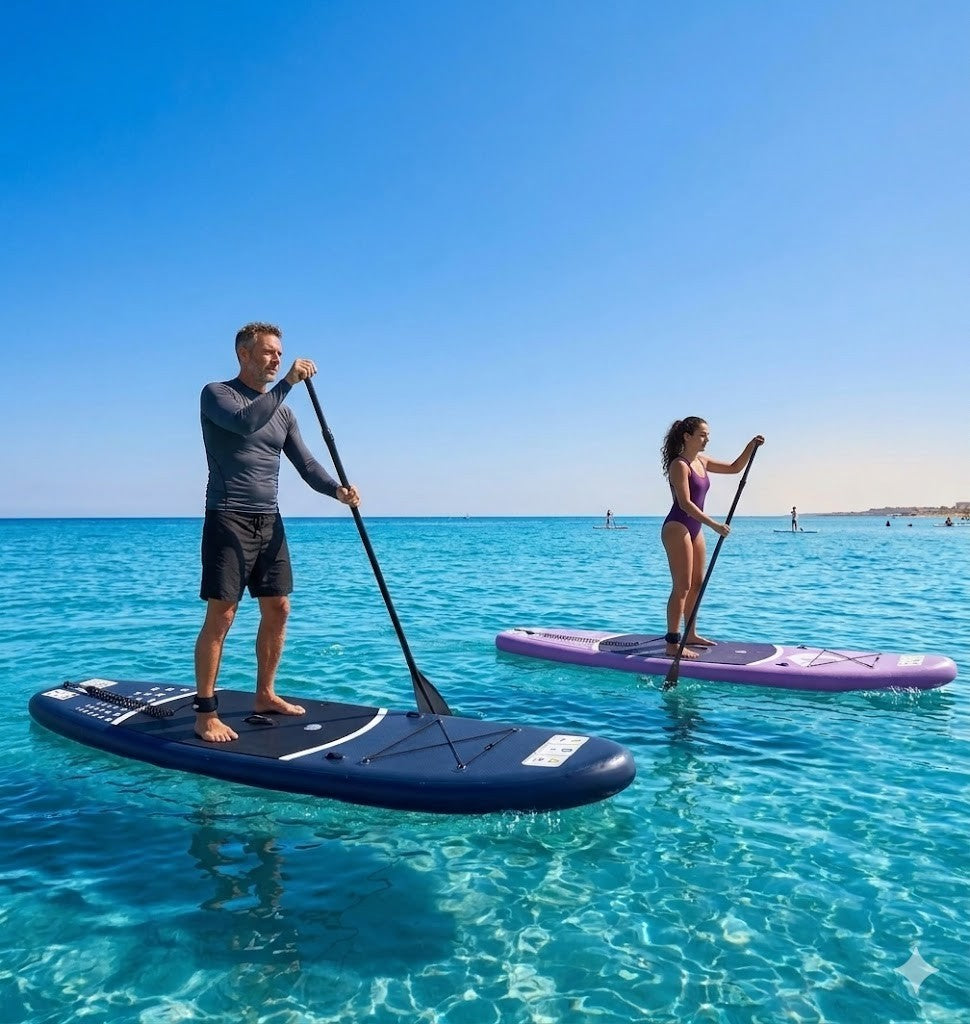 Aufblasbares SUP Board Set Lila 366 cm XXL  – 2in1 Stand Up Paddle & Kajak Funktion mit Sitz, Paddel, Double-Action-Pumpe, Tragetasche & Reparaturset