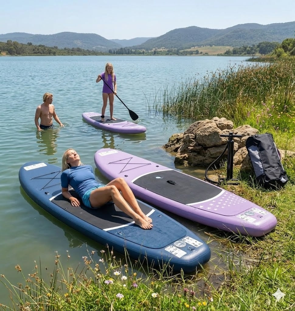 Aufblasbares SUP Board Set Lila 366 cm XXL  – 2in1 Stand Up Paddle & Kajak Funktion mit Sitz, Paddel, Double-Action-Pumpe, Tragetasche & Reparaturset