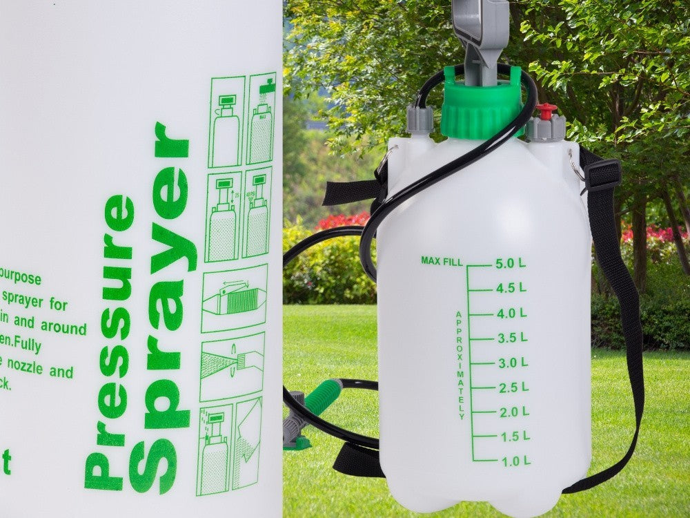 Drucksprüher 5 Liter mit Schultergurt – Gartenspritze Handsprüher mit Lanze und verstellbarer Düse für Garten, Pflanzenpflege und Reinigung