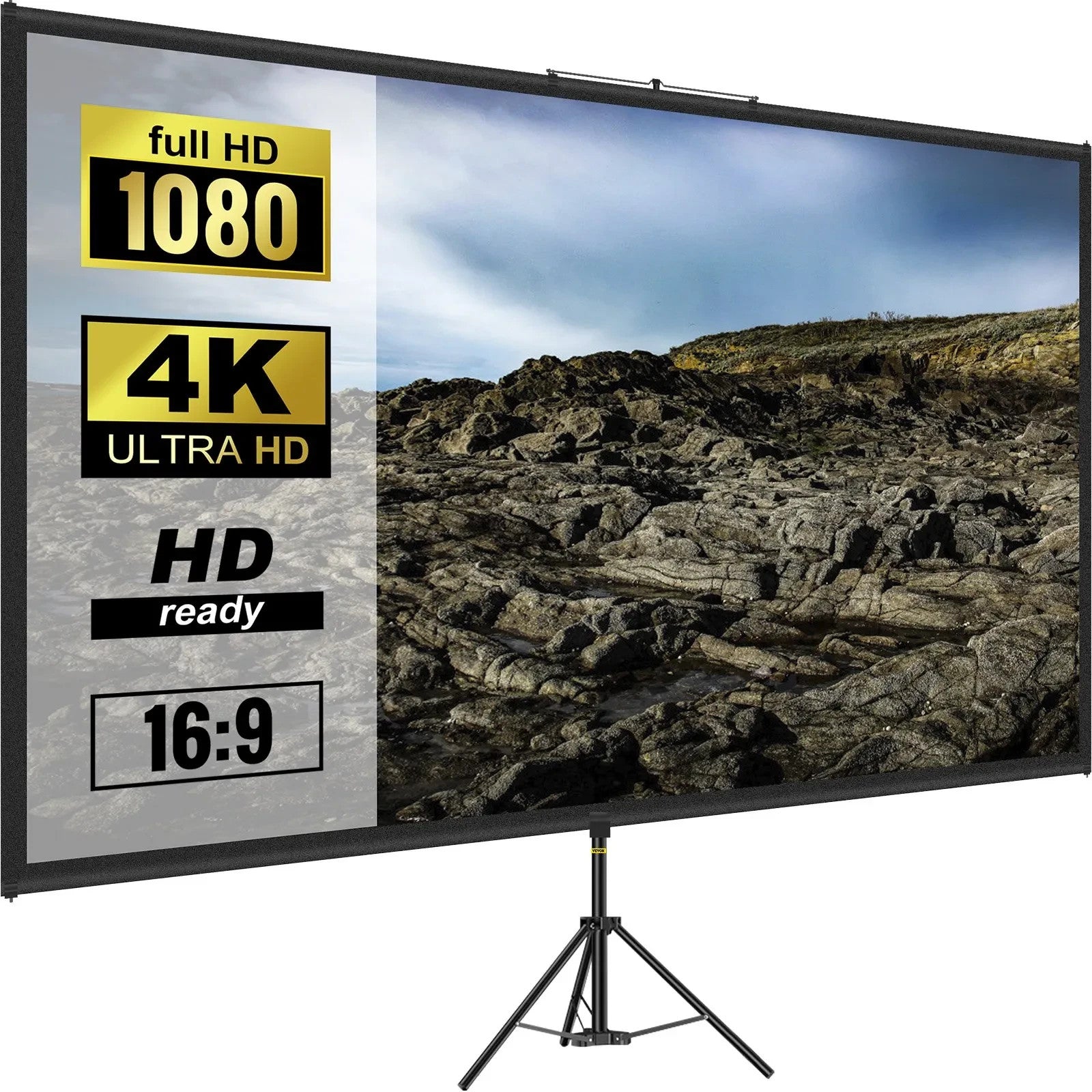 Beamer Leinwand mit Stativ 70–150 Zoll Auswahl – 16:9 Projektor Leinwand für Heimkino, Präsentationen und Outdoor Kino
