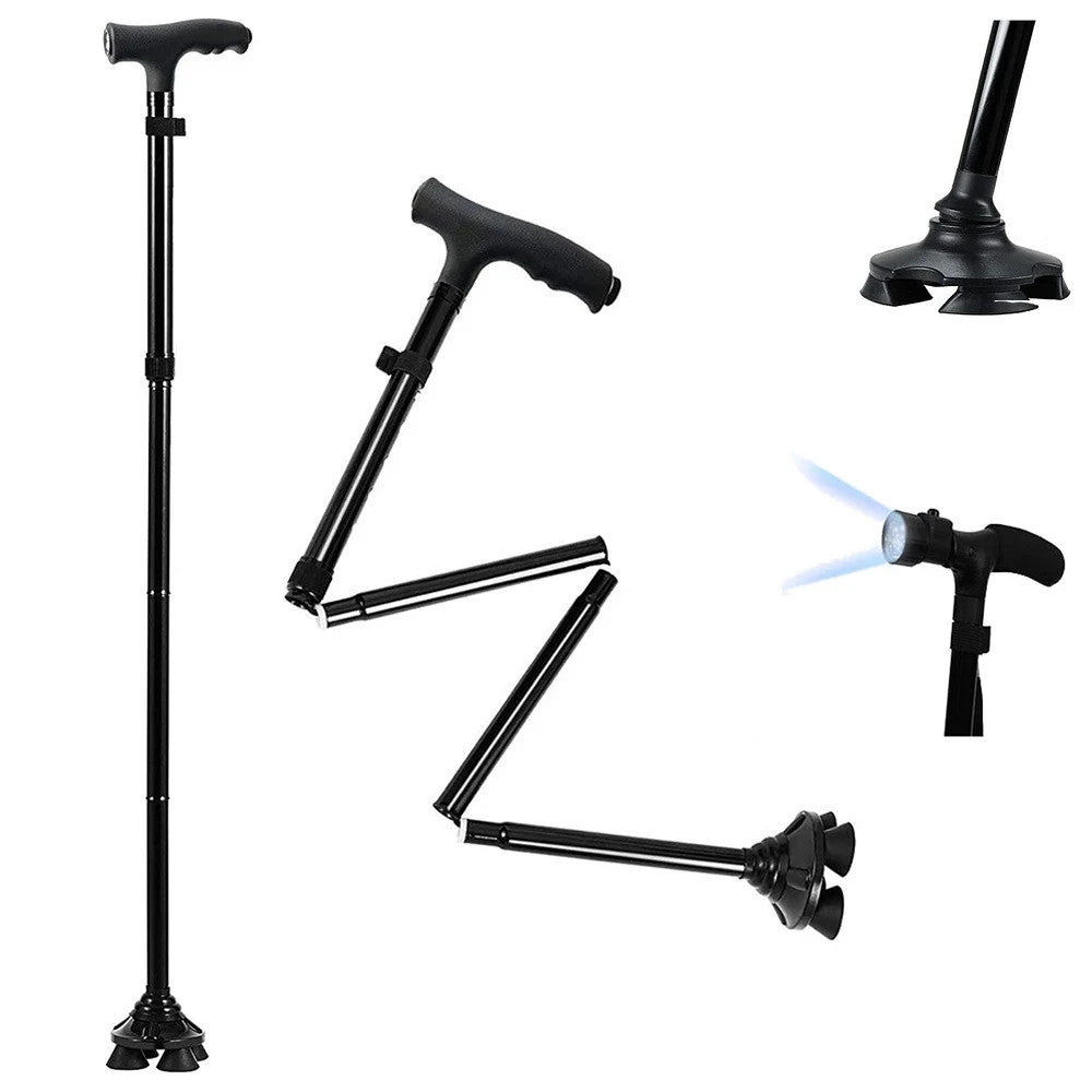 Faltbarer Gehstock LED Spazierstock Gehhilfe 5-fach Verstellbar Schwarz