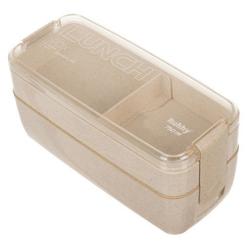Lunchbox 750ml mit Besteck Brotdose Bento Box 2 Fächer Weizenstroh Beige