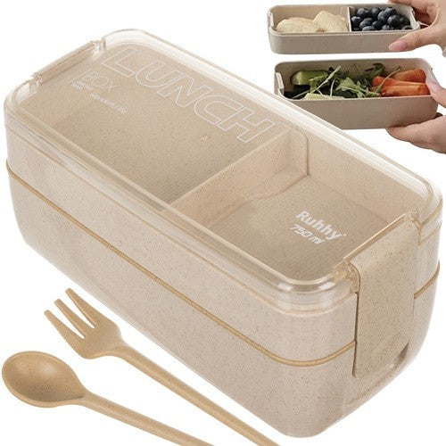 Lunchbox 750ml mit Besteck Brotdose Bento Box 2 Fächer Weizenstroh Beige