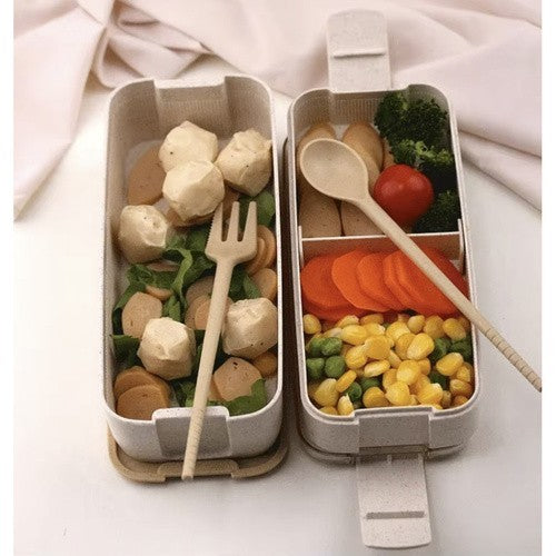 Lunchbox 750ml mit Besteck Brotdose Bento Box 2 Fächer Weizenstroh Beige