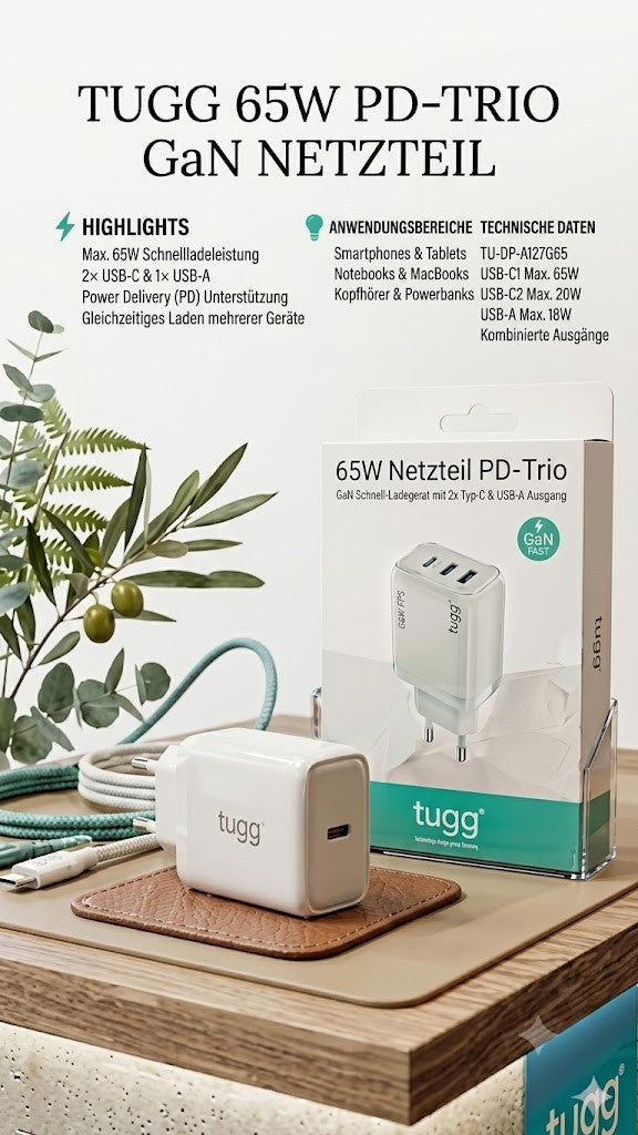 65W USB C LadC Ladegerät Schnellladegerät PD Netzteil 2x USB-C USB-A Fast Charge