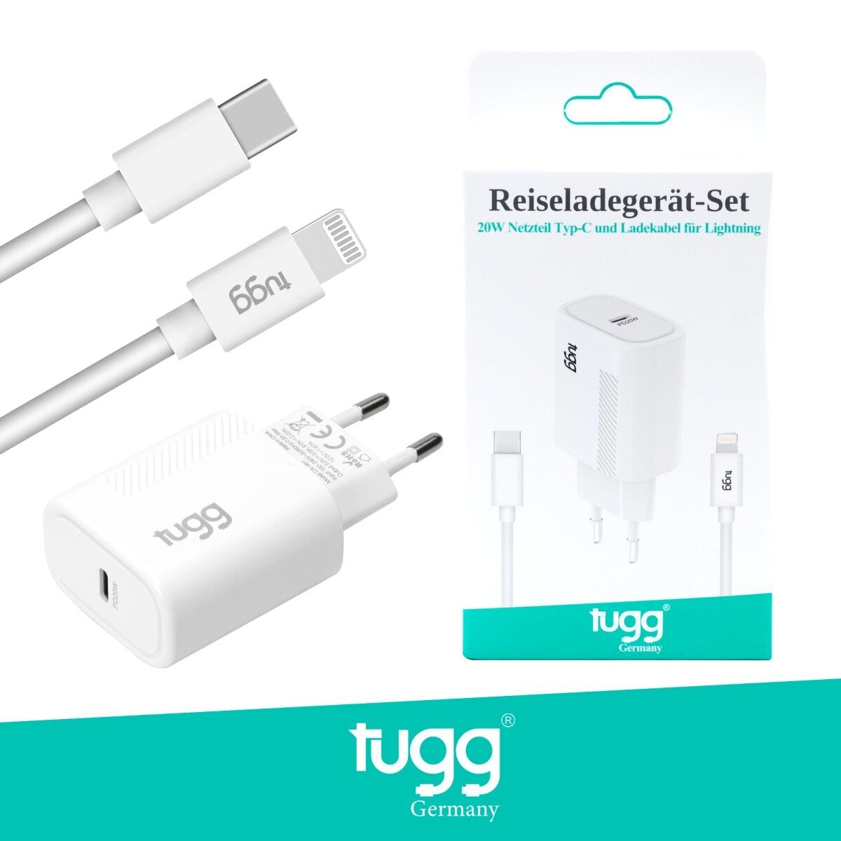 TUGG 20W USB-C Ladegerät Netzteil mit Ladekabel 1m Schnellladegerät Weiß