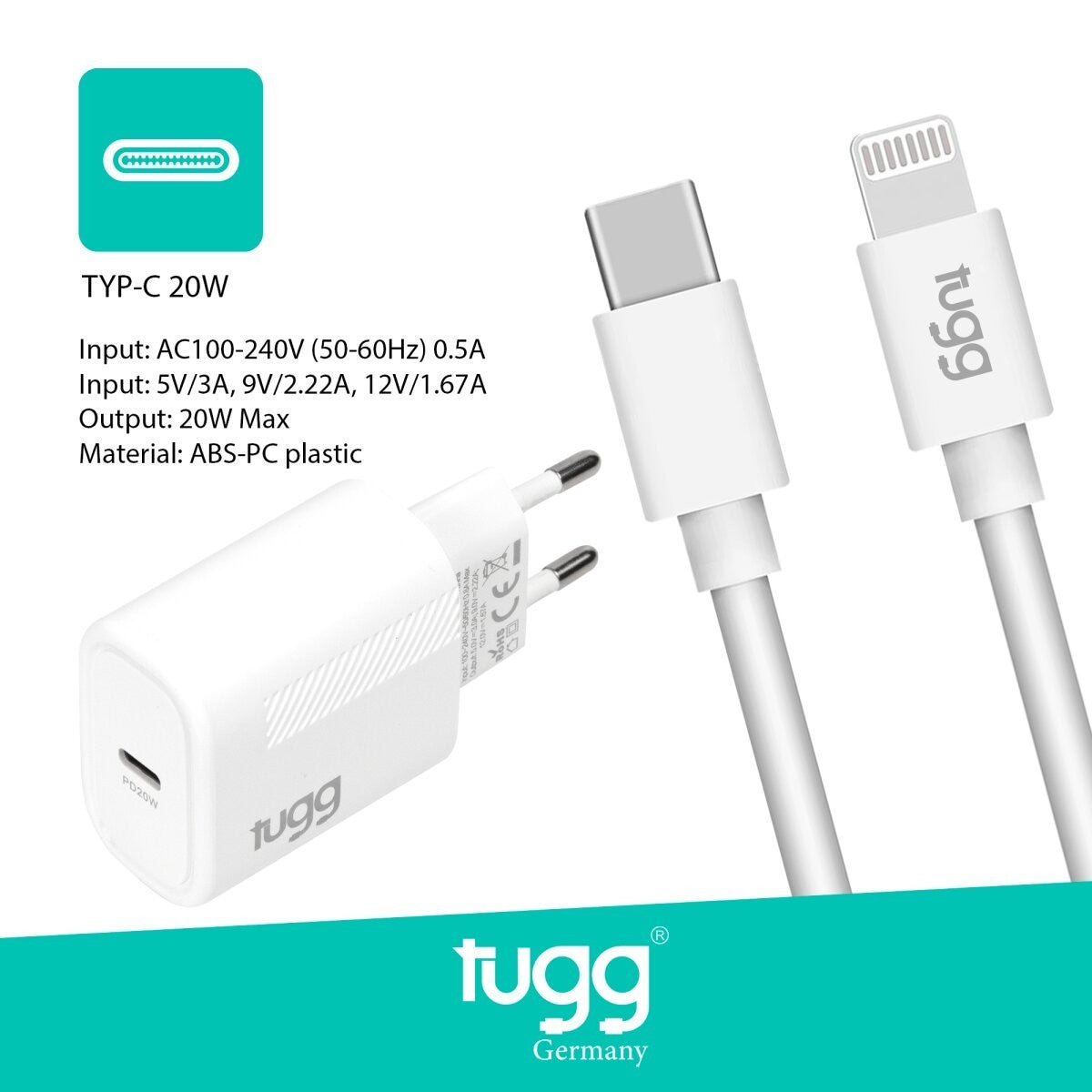 TUGG 20W USB-C Ladegerät Netzteil mit Ladekabel 1m Schnellladegerät Weiß