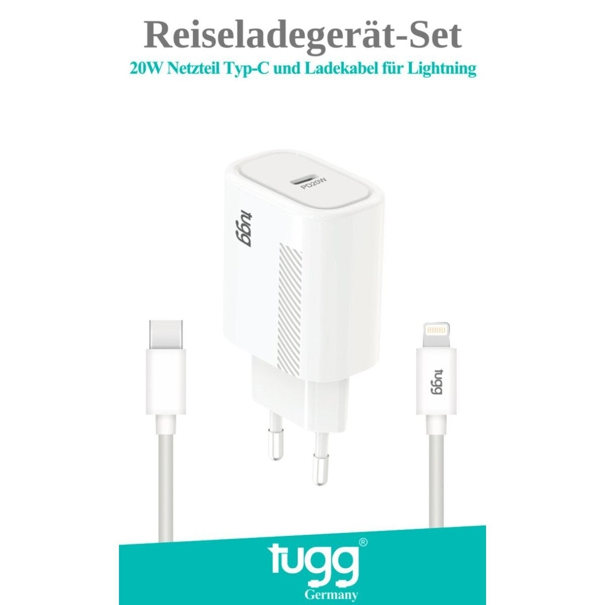 TUGG 20W USB-C Ladegerät Netzteil mit Ladekabel 1m Schnellladegerät Weiß