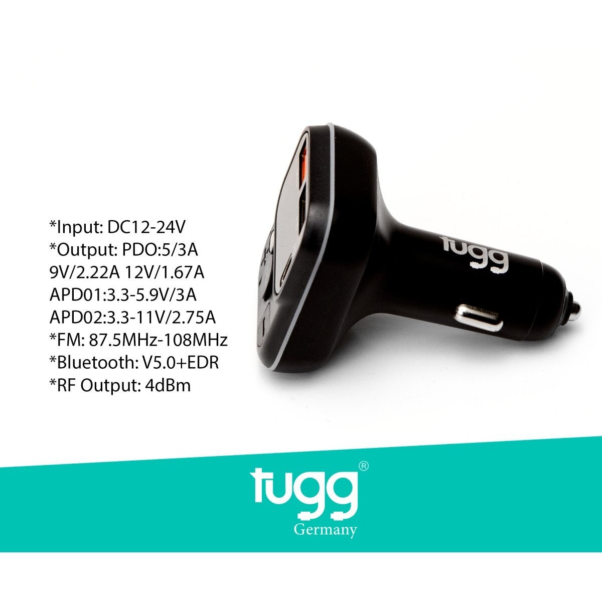 FM Transmitter Bluetooth 5.0 38W USB-C USB-A Auto Radio Adapter Tugg C32