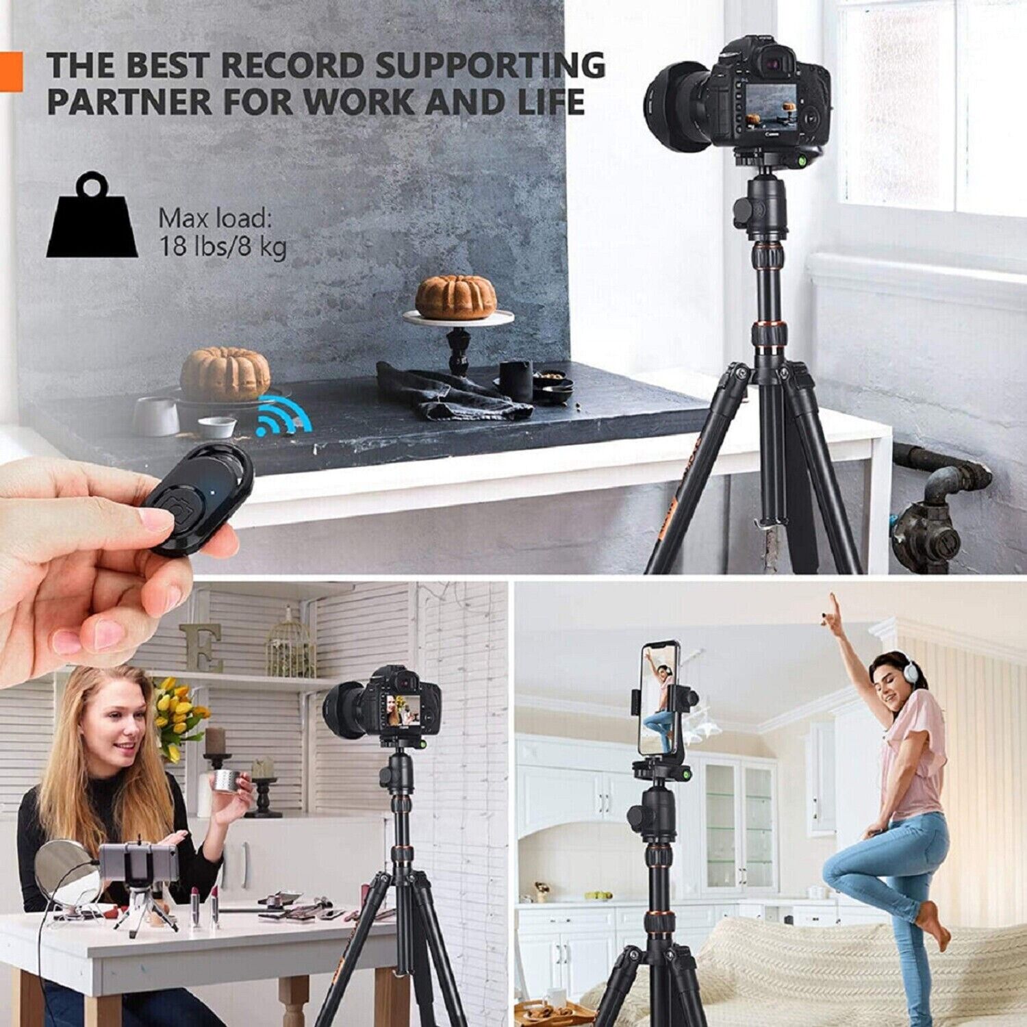 TACKLIFE Camera Mobile Phone Tripod Stand Holder Photo Tripod 55-178cm 360° 9kg Load 