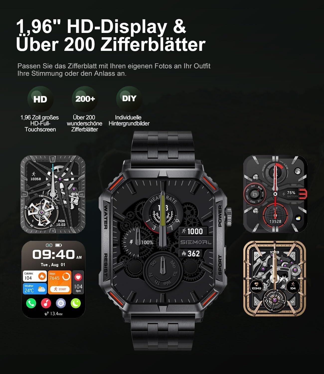 Smartwatch Men with Phone Function, 1.96'' DIY HD Outdoor Military Fitness Watch