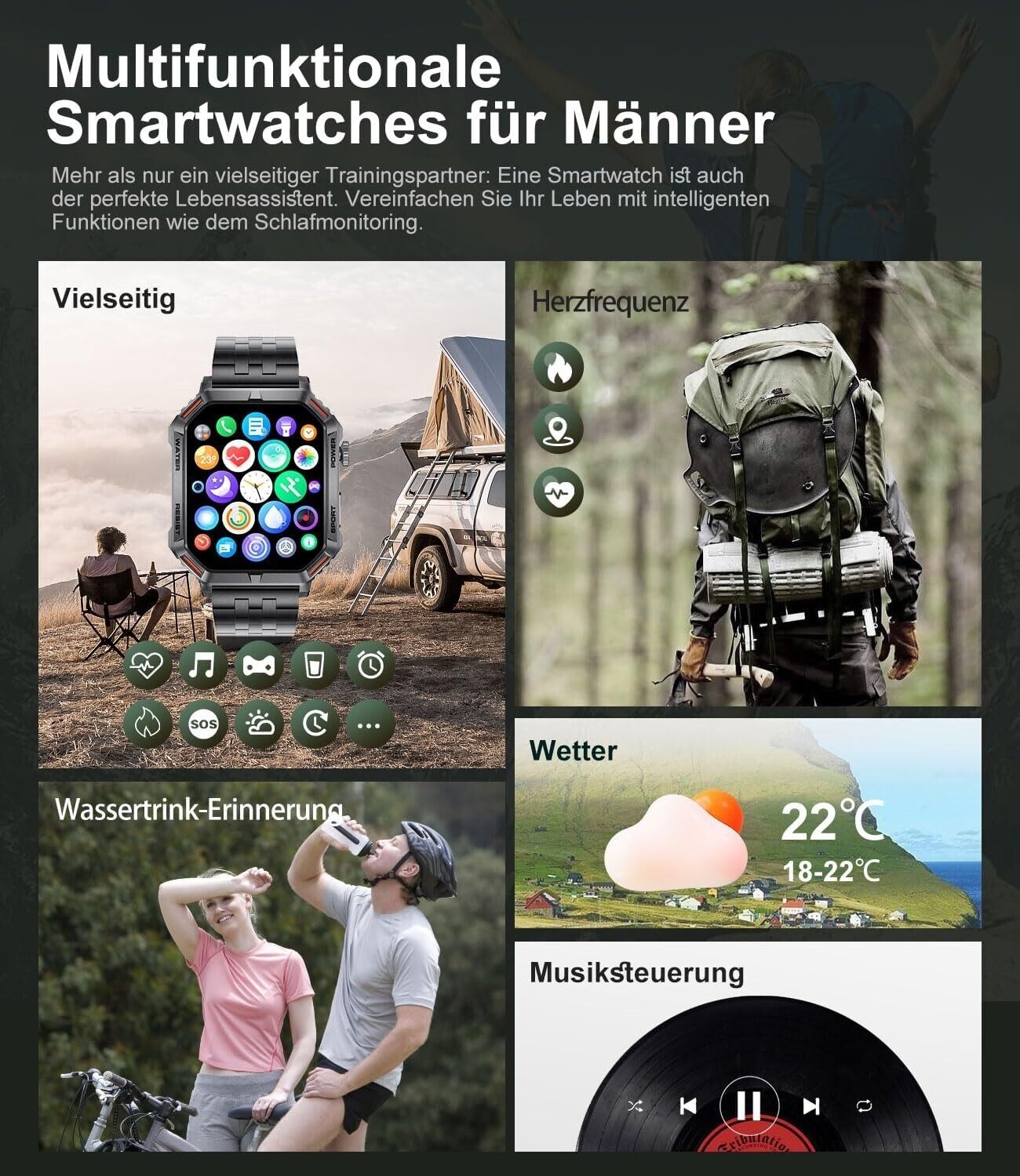 Smartwatch Men with Phone Function, 1.96'' DIY HD Outdoor Military Fitness Watch