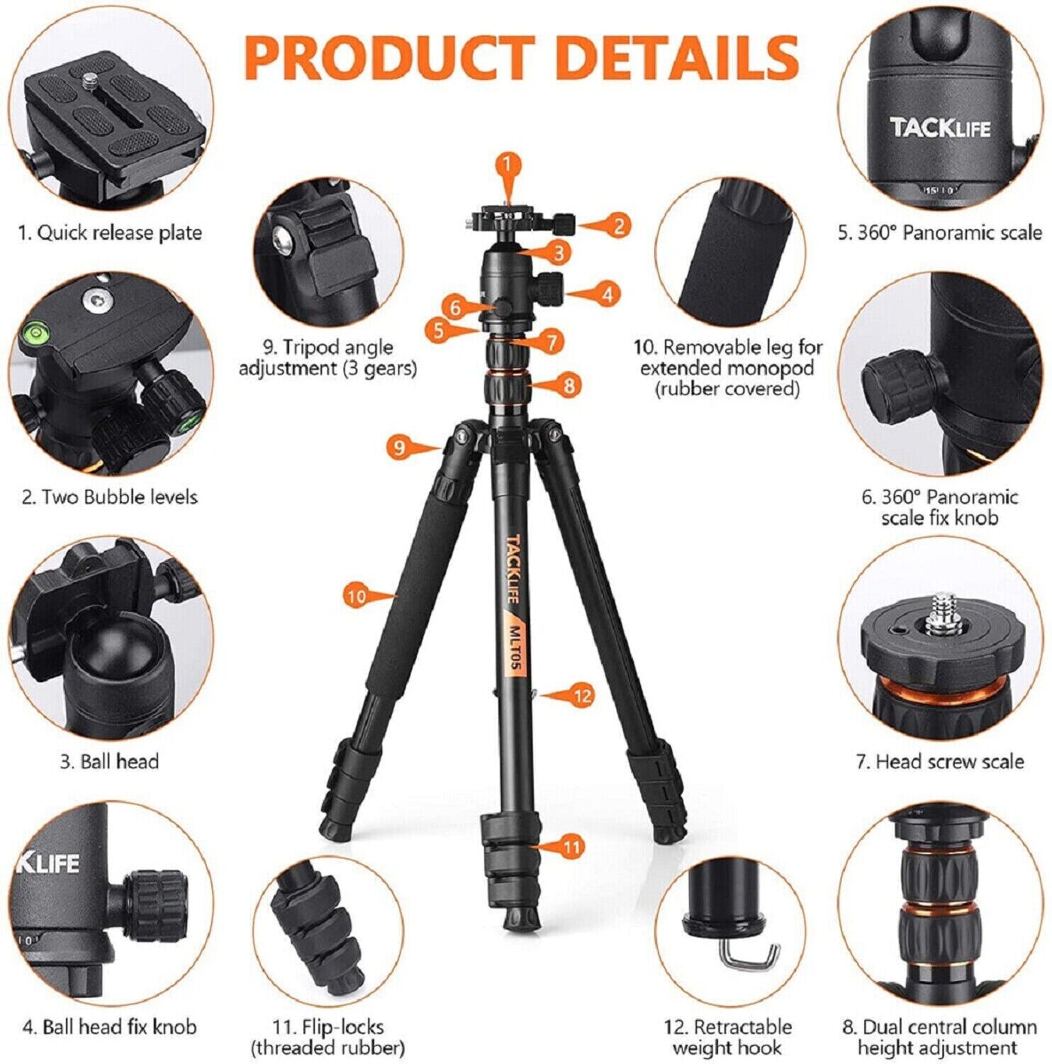 TACKLIFE Camera Mobile Phone Tripod Stand Holder Photo Tripod 55-178cm 360° 9kg Load 