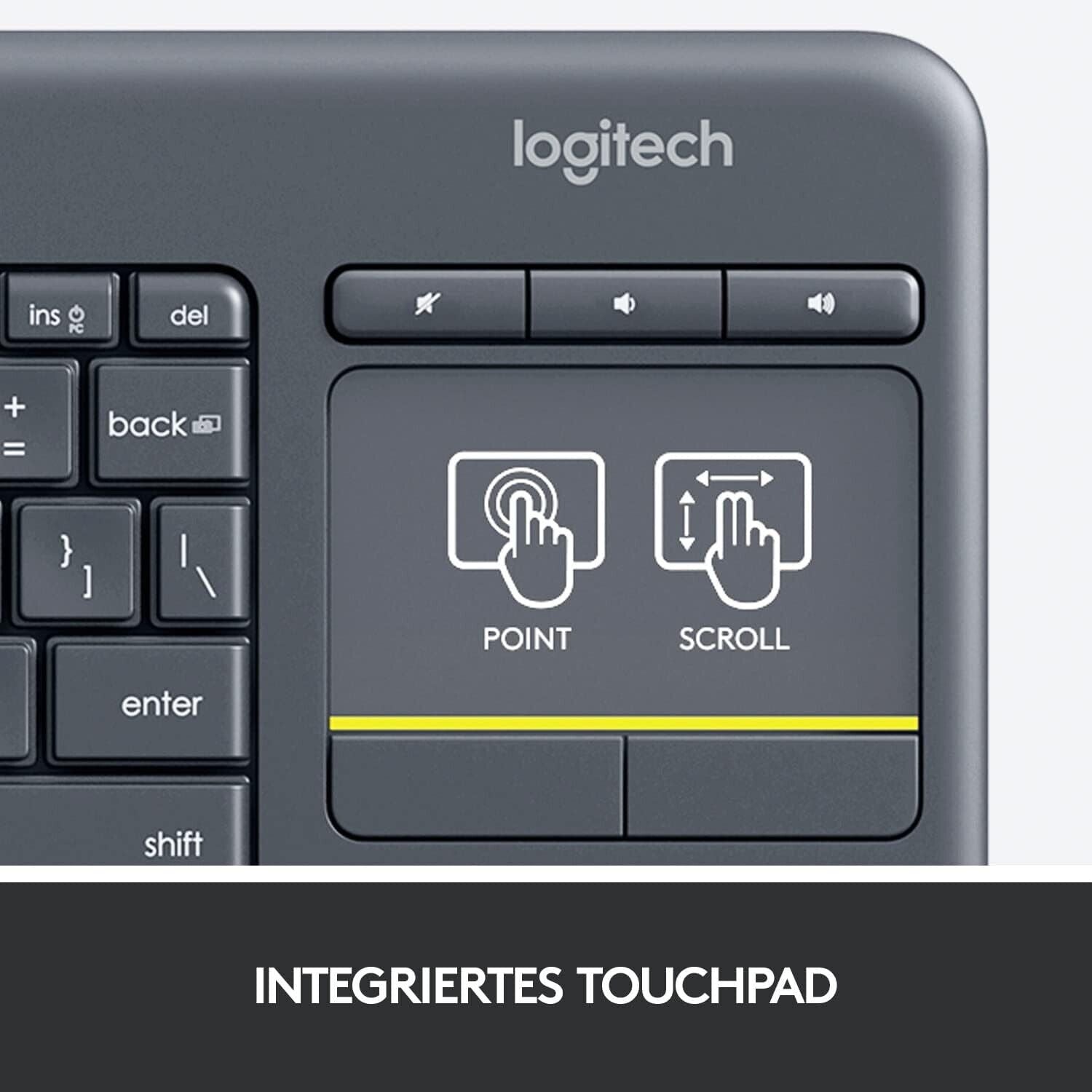 Logitech K400 Plus Kabellose Touch-TV-Tastatur mit integriertem Touchpad, Deutsches QWERTZ-Layout, Schwarz