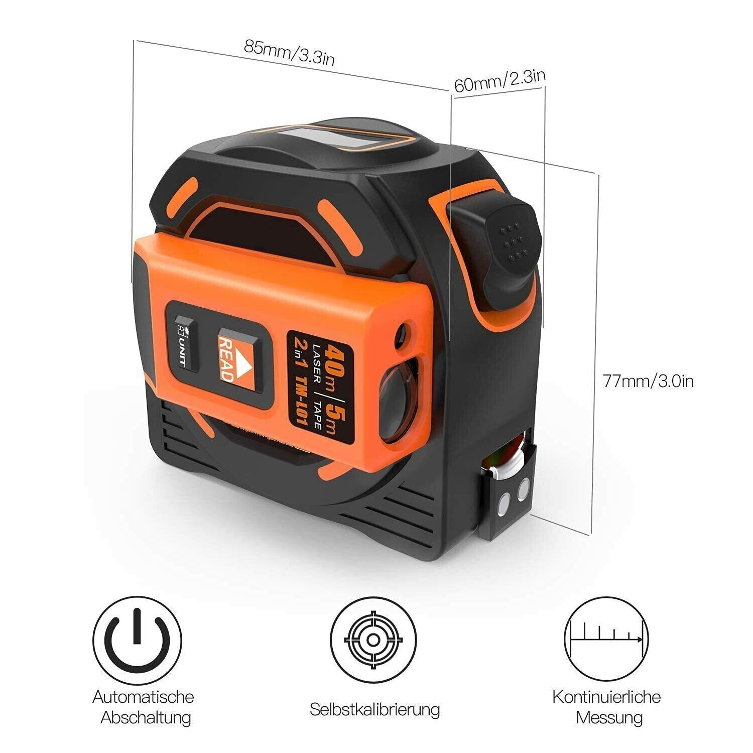 Tacklife TM-L01 Laser-Entfernungsmesser 40m mit 5m Maßband – HD-Display, Magnethaken, 2-in-1 Messgerät