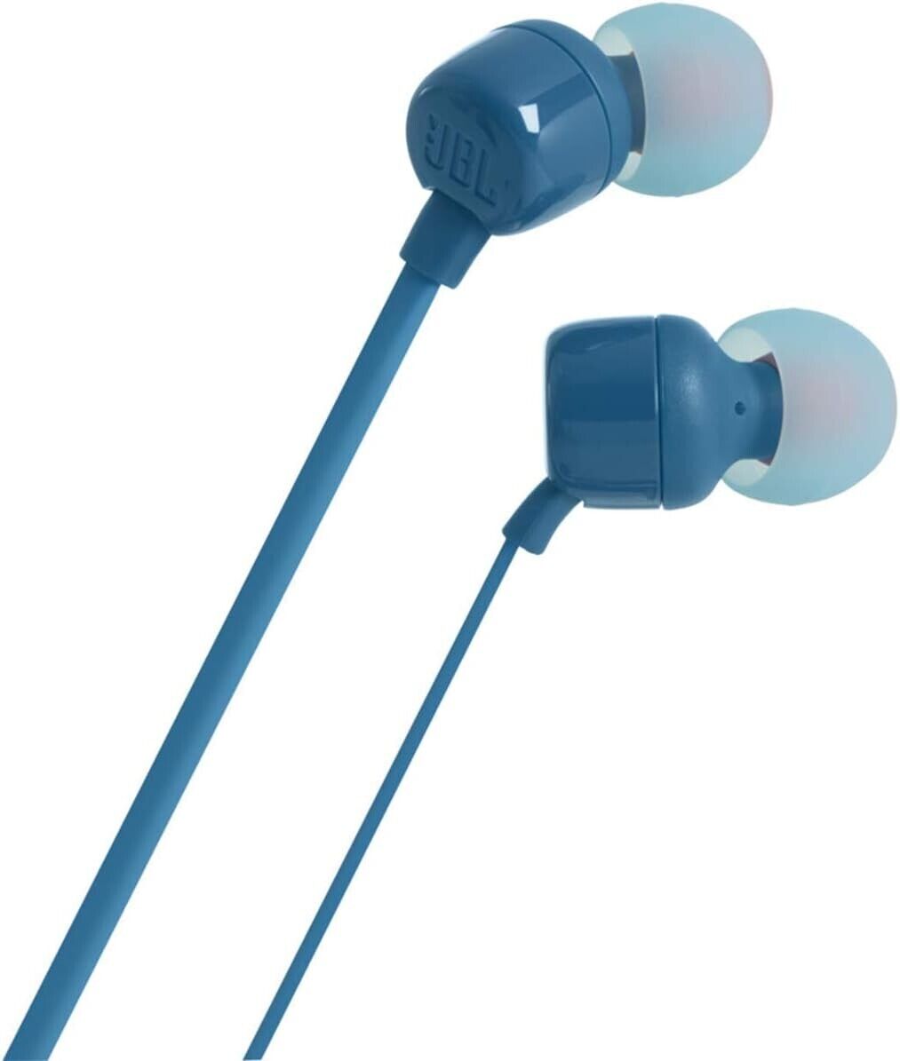 JBL Tune 110 In-Ear Kopfhörer Blau mit Pure Bass Sound, Mikrofon und verwicklungsfreiem Flachbandkabel