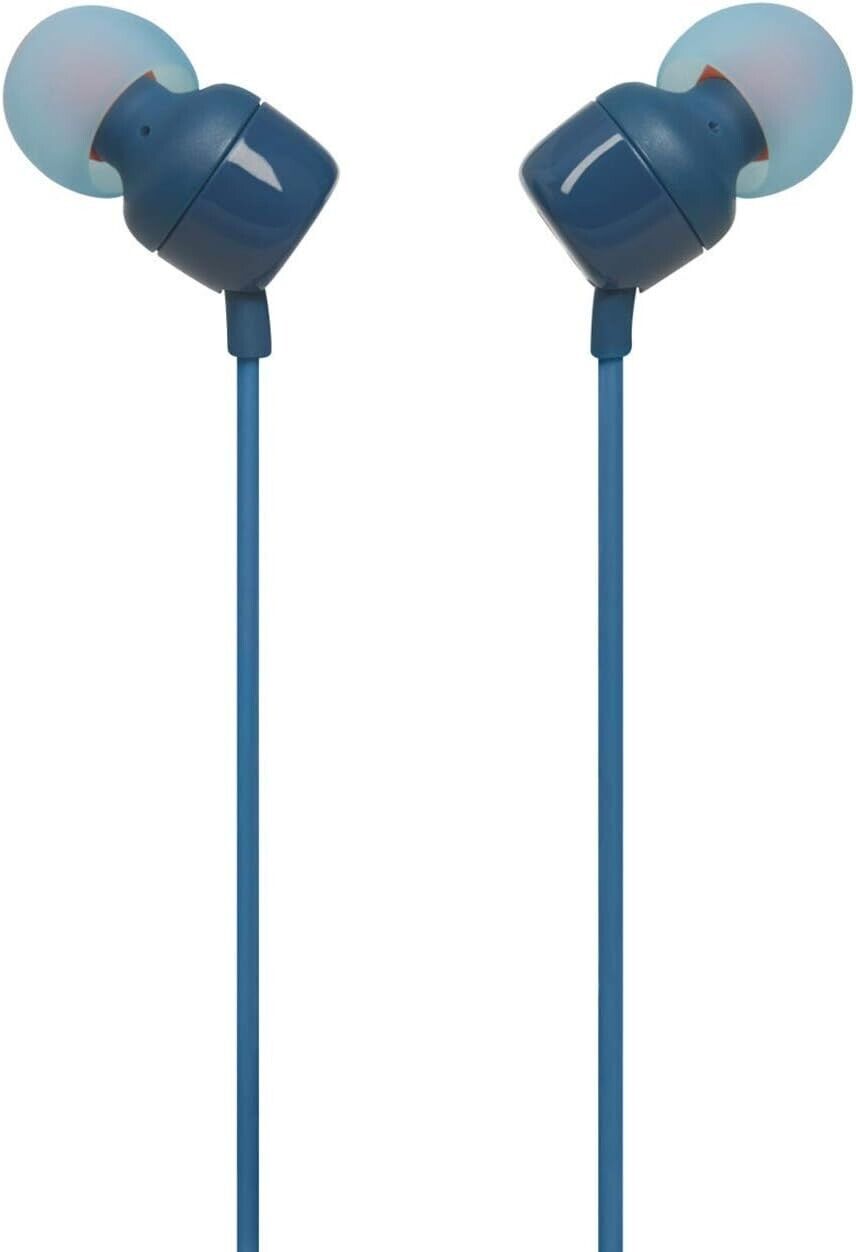 JBL Tune 110 In-Ear Kopfhörer Blau mit Pure Bass Sound, Mikrofon und verwicklungsfreiem Flachbandkabel