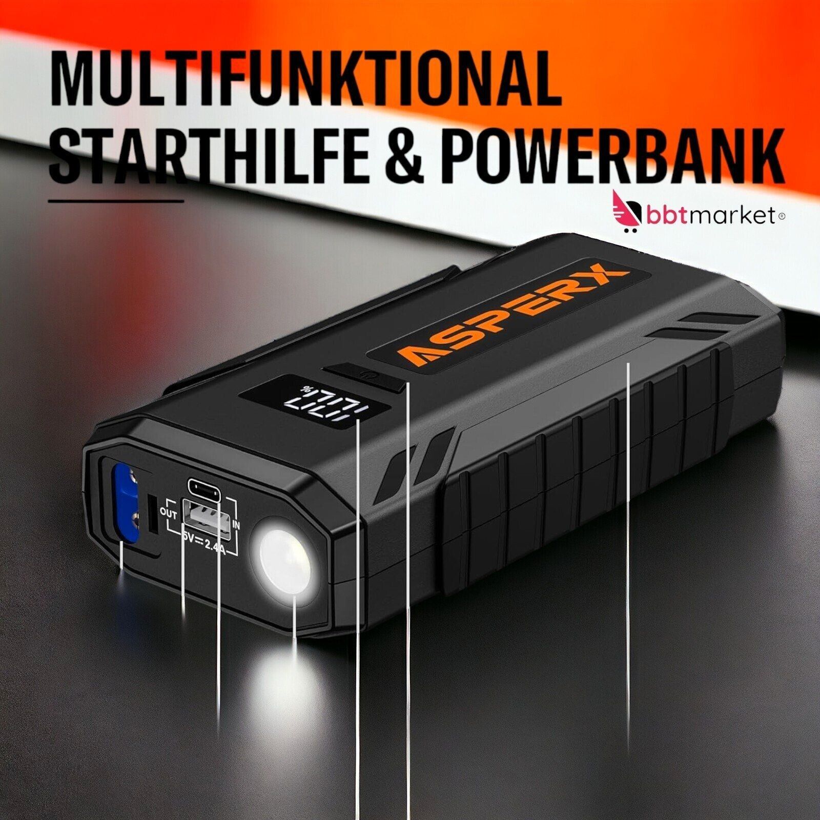 Auto Starthilfe Powerbank 2000A – 12V Booster mit LED, USB Powerbank & Sicherheitsfunktionen für Benzin- und Dieselfahrzeuge