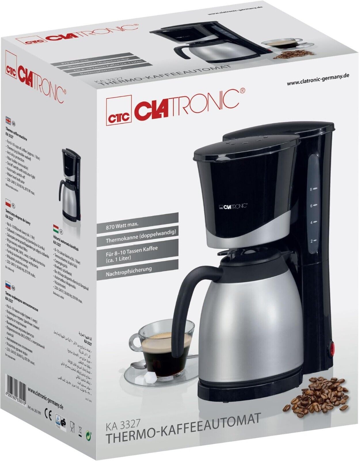 Clatronic KA 3327 Filterkaffeemaschine – 1L Thermoskanne, 8–10 Tassen, Aromaverschluss