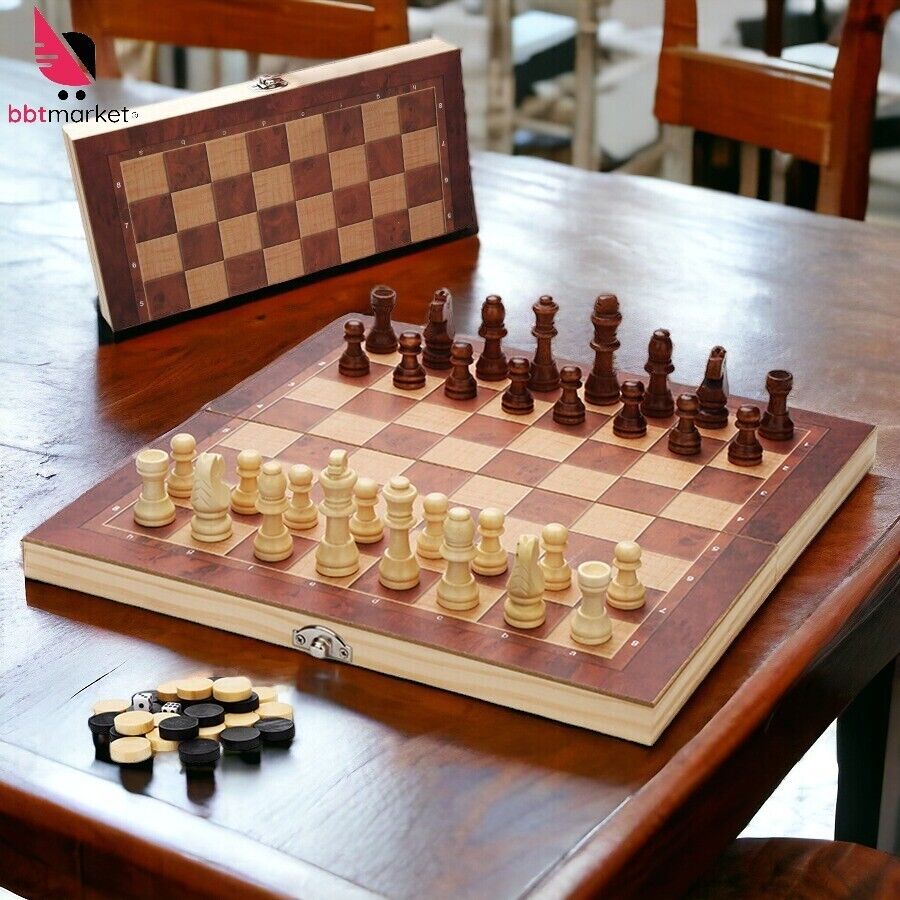 3-in-1 Schachspiel aus Holz mit Dame und Backgammon – Klappbares Familienspiel & Reisespiel 29,5 x 29,5 cm