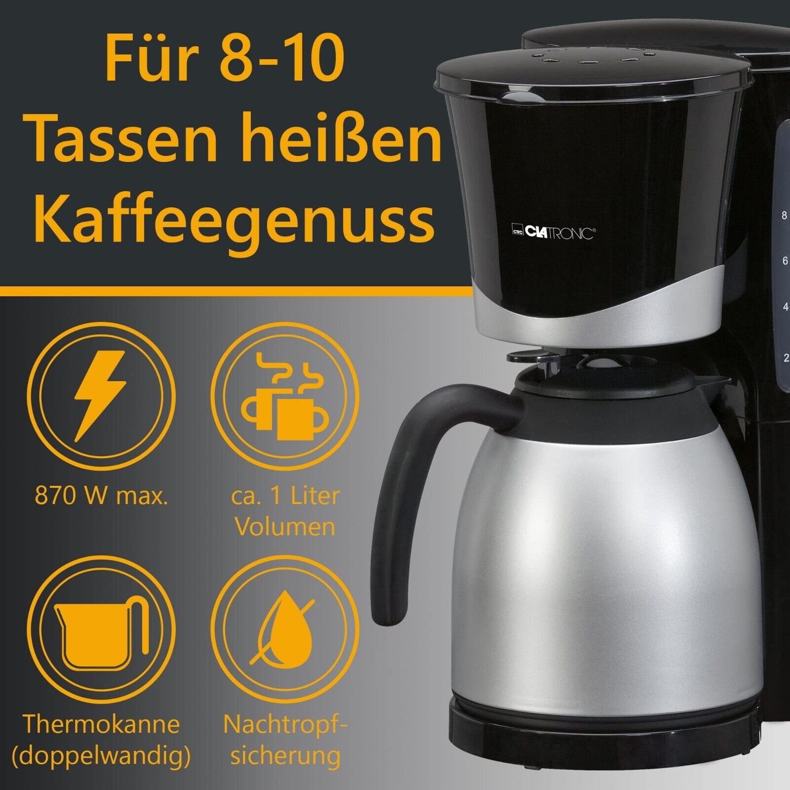 Clatronic KA 3327 Filterkaffeemaschine – 1L Thermoskanne, 8–10 Tassen, Aromaverschluss